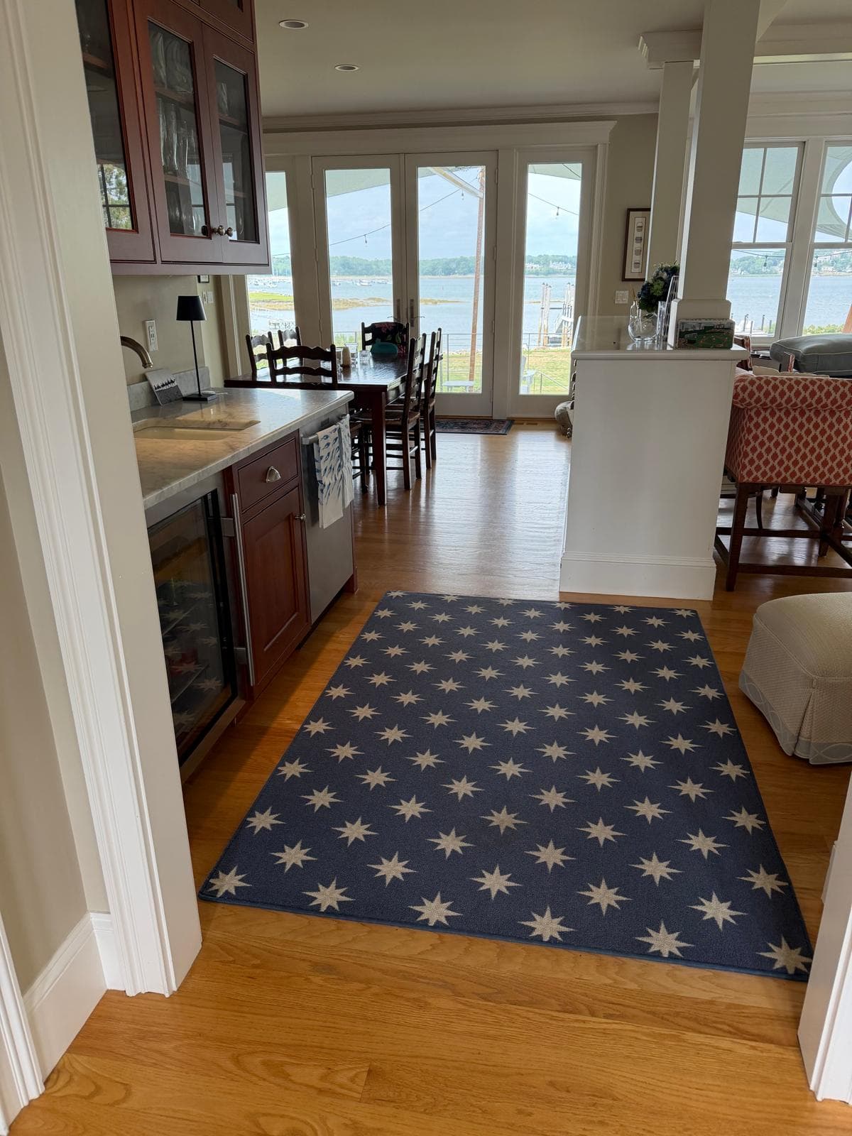 A cleaned family room in a South Shore waterfront home